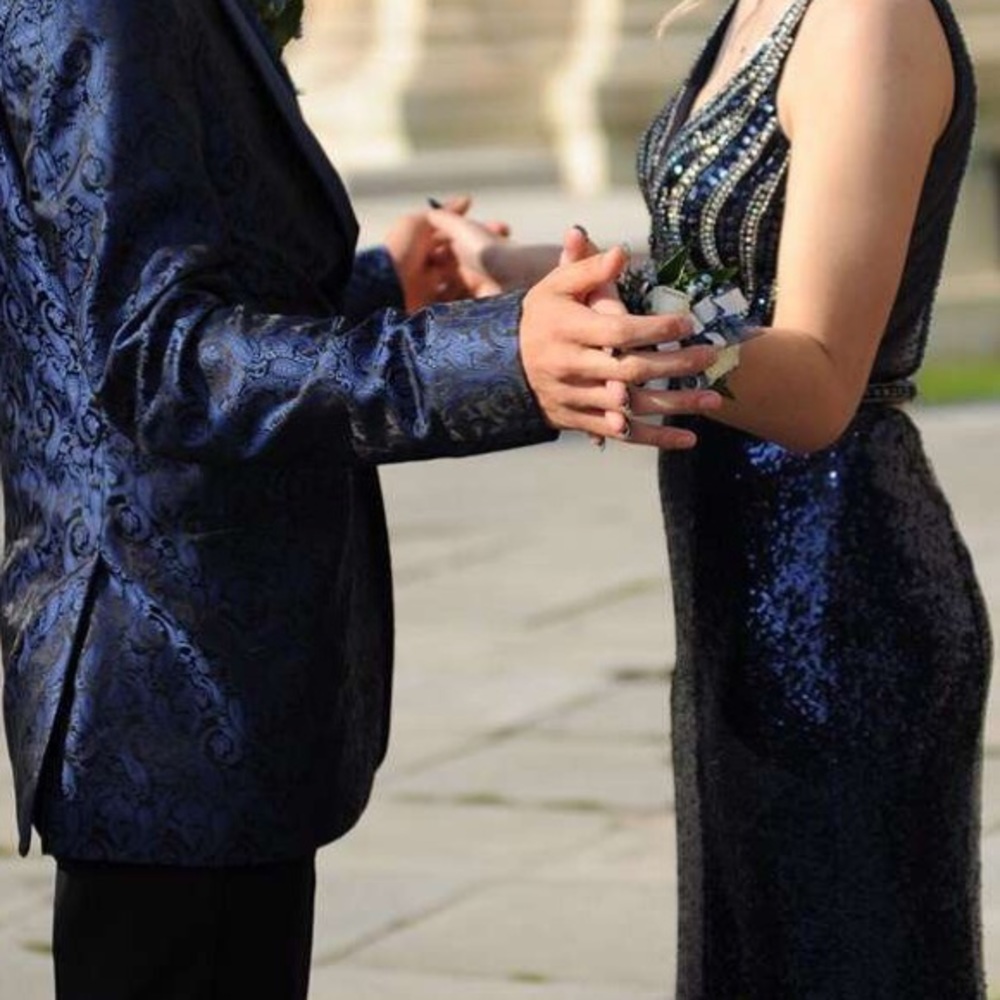 Navy blue sequined prom dress